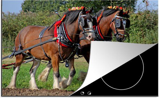 KitchenYeah® Inductie beschermer 77x51 cm - Twee lopende Shire paarden met versierde manen - Inductiebeschermer