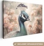 OneMillionCanvasses Canvas schilderij 150x100 cm - Pauw - Vogels - Bloemen - Botanisch - Wanddecoratie