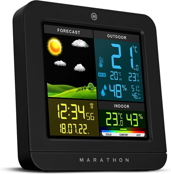 Marathon Marathon- Berlin- Weerstation- Kleurenscherm- Binnen-en buitentemperatuur- Binnen-en buitenvochtigheidsgraad- Comfortindicator- Geleverd met thermo-hygrosensor-Zwart- Proudly Canadian