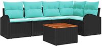 vidaXL Tuinbank Set Zwart en Turquoise Poly Rattan