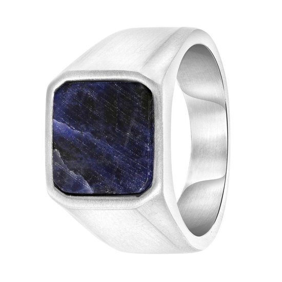 Lucardi Heren Zegelring met sodalite - Ring - Cadeau - Vaderdag - Staal - Zilverkleurig