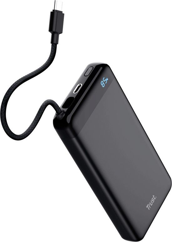 Trust Fiera Powerbank 20000 mAh - 20W Snellader - Ingebouwde USB-C kabel - Zwart