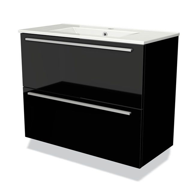 Maxaro Badkamermeubel 80cm Modulo Slim Hoogglans Zwart 2 Lades Vlak Wastafel Keramiek