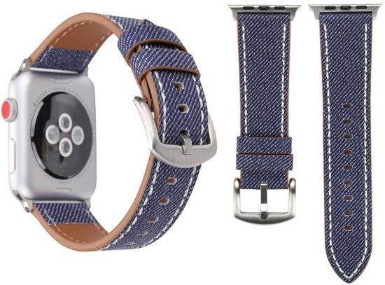 By Qubix Qubix Apple watch denim bandjes van - 42mm / 44mm - Donker blauw - Leren bandje - Geschikt voor alle 42mm / 44mm apple watch series en Nike+ - Horloge lederen denim band - Eenvoudig te wisselen