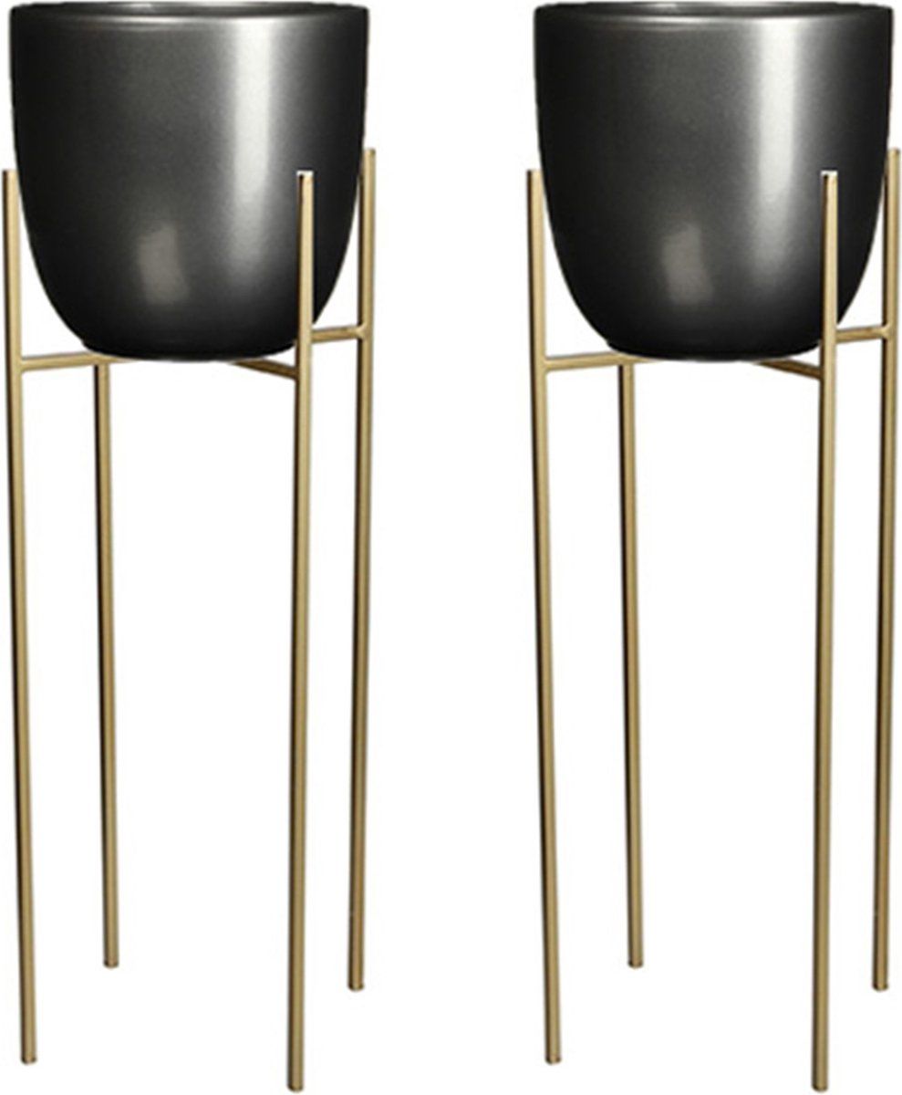 Mica Decorations Bloempot - antraciet - D25 x H23 cm - incl. plantenpot houder - goud