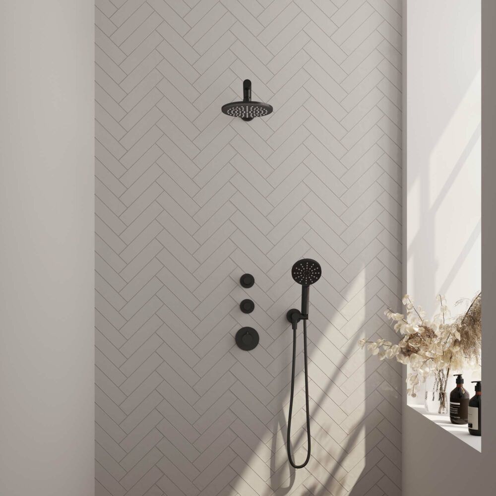 Brauer Black Carving thermostatische inbouw regendoucheset 40cm rechte wandarm met 20cm ronde hoofddouche 3 standen ronde handdouche Zwart mat 5-S-103