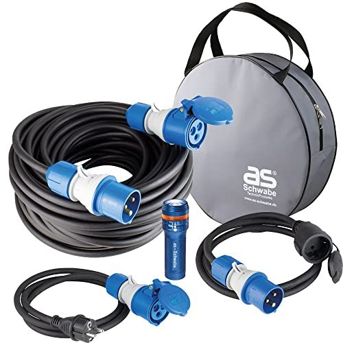 AS-Schwabe 5-delige campingset: 25 m verlengkabel, 2 x 1,5 m adapterkabel, met powerlight spanningsweergave 1 x krachtige led-zaklamp XT1 & 1 x beschermtas, Made in Germany, 19705