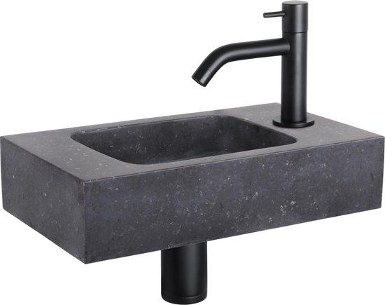 Differnz Fonteinset Bombai Black - Natuursteen - Mat Zwart - 40x22cm - Gebogen Kraan