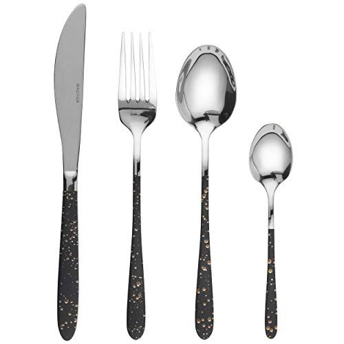 Salter BW09496 16 Piece Silver and Black Flatware Cutlery Set with Gold Speckle Design Handles