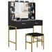 Coiffeuse moderne noire avec miroir éclairé intégré, tabouret rembourré, 2 tiroirs et étagères