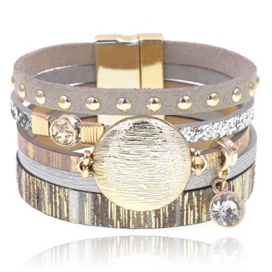 Deja Jewels Grijze multicolor leren dames armband Ibiza stijl met bedels en studs