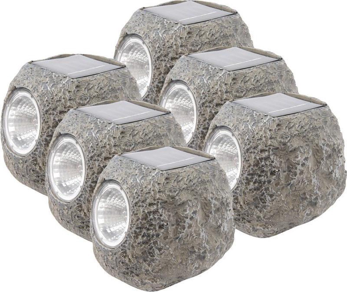 Lumineo 6x Buiten/tuin LED stenen spots solar verlichting 10 cm - Grijs