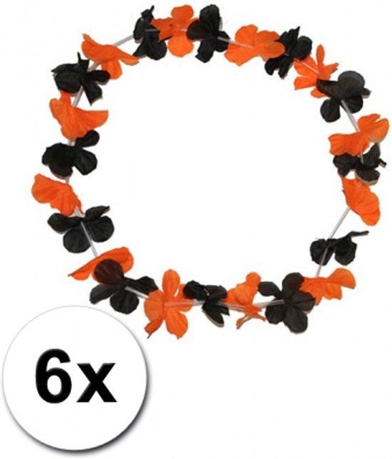 Hawaii kransen zwart met oranje - 6 stuks