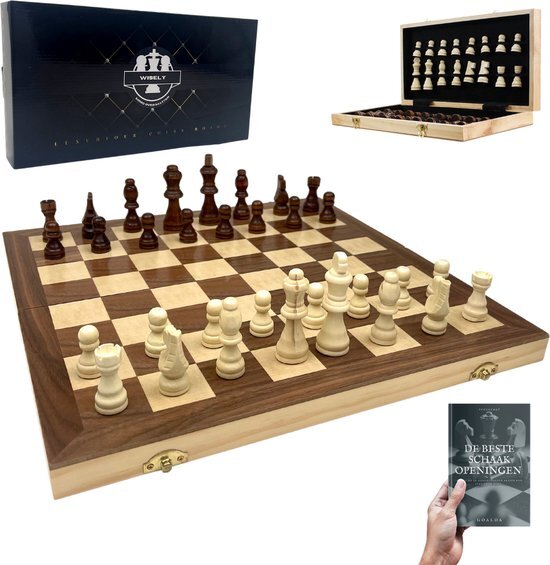 Wisely - Luxe Schaakspel - Schaakset XL - Schaken - Schaakbord Met Schaakstukken - Chess - Gratis Schaakboekje Met Openingszetten -Hout - Inklapbaar - 38cm bij 38cm
