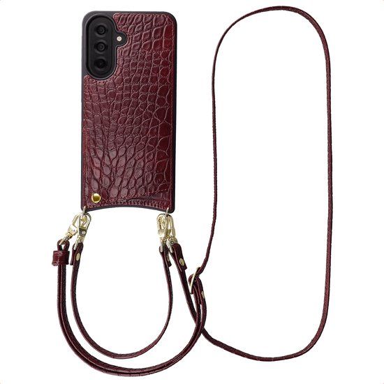 Selencia Hoesje - Geschikt voor Samsung Galaxy A37 (5G) - Croco Backcover met koord en pashouder - Burgundy