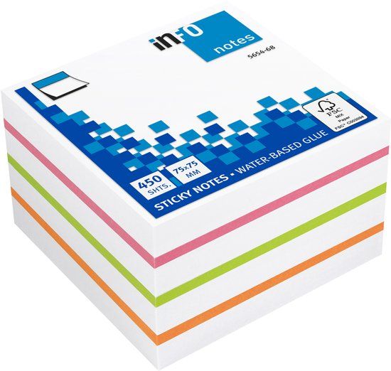 Info Notes zelfklevende sticky notes - 450 vel - 75x75mm - Wit, Roze, Groen, Oranje