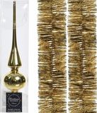Bellatio Decorations Kerstboomversiering set gouden piek en 2x folieslingers set - Kerstboomversiering goud