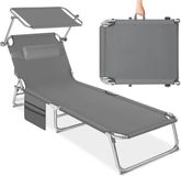 Tectake Ligbed met Zonnescherm - Zonnestoel - Ligstoel - 4 standen - Inklapbaar - Grijs