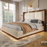 MODFU - Tweepersoonsbed - Beige - Walnoot - Met LED en Opbergruimte