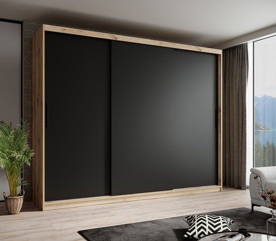 Meubella Kledingkast Luxor - Zwart/Eiken - 250 cm - Schuifdeur
