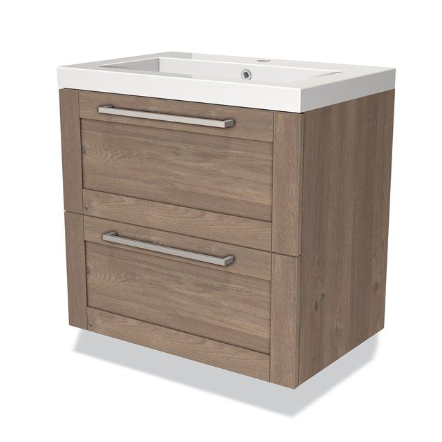 Maxaro Badkamermeubel 70cm Modulo Middenbruin Eiken 2 Lades Kader Wastafel Mineraalmarmer
