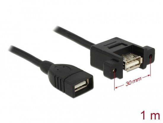Delock Cable USB 2.0 Type-A female > USB 2.0 Type-A female panel-mount 1 m Zwart