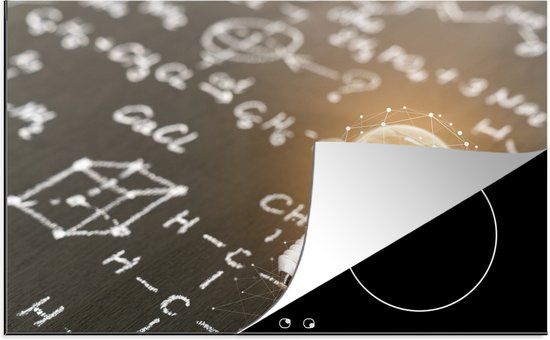 KitchenYeah® Inductie beschermer 77x51 cm - Gloeilamp op een schoolbord met formules - Inductiebeschermer voor inductiekookplaat