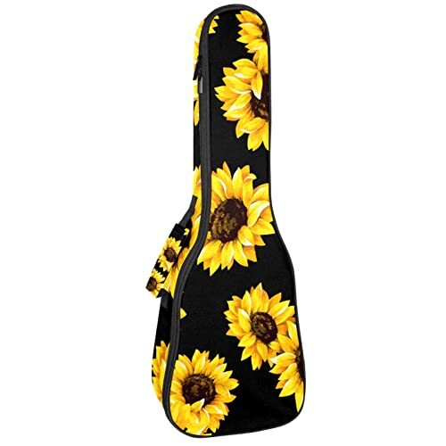 Mersov Tenor Ukulele Gigbag Waterdichte Ukelele Case Gewatteerde Rugzak, Geweldig voor Sopraan Concert (21/23/24") Zonnebloemen Op Zwarte Achtergrond