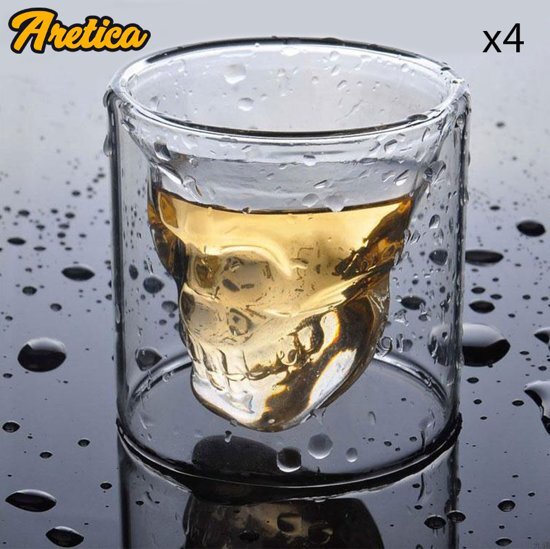 Aretica Shot glaasjes Skull set van 4 / Inhoud 25ml / Ã˜ 4.7cm / Schedel shot glaasjes set van 4 / Glazen glaasjes met doodshoofd - Transparant
