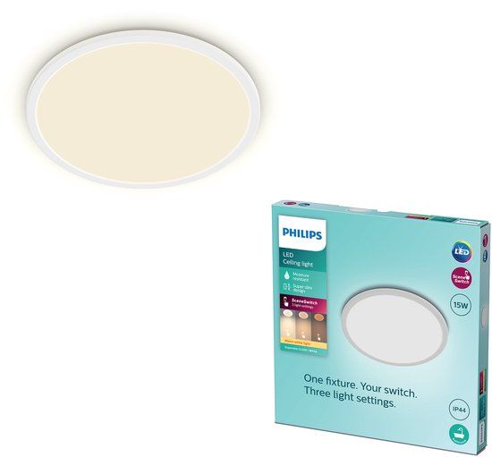 Philips LED Philips SuperSlim Badkamer Plafondlamp - LED - Rond - Wit - 15W - Dimbaar
