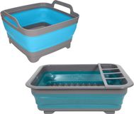 Merkloos / Sans marque Opvouwbare afwasbak en afdruiprek - grijs/blauw - kunststof - keuken benodigdheden - reis accessoire