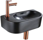 QeramiQ Fuente Fonteinset - 40x21.5x12cm - links - glad - halfrond - 1 kraangat - keramiek - fonteinkraan geborsteld koper - afvoerplug - verlaagd sifon - zwart mat
