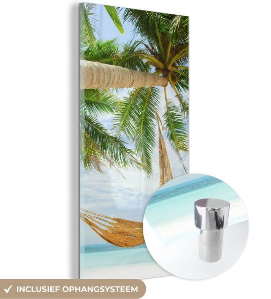 MuchoWow® Glasschilderij 60x120 cm - Palmbomen - Hangmat - Zomer - Zee - Foto op glas - Acrylaat - Multicolor