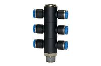 T-meervoudige RIEGLER T-meervoudige verdeler »Blaue serie«, 6-voudig, draaibaar, R 3/8 a., voor slot buiten-Ø 8 mm, werkdr. Maximale 15 bar, kunststof/MS vern.