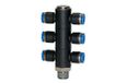 T-meervoudige RIEGLER T-meervoudige verdeler »Blaue serie«, 6-voudig, draaibaar, R 3/8 a., voor slot buiten-Ø 8 mm, werkdr. Maximale 15 bar, kunststof/MS vern.