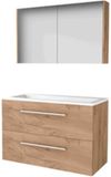 Basic Line Comfort 46 Badkamermeubelset - 100 x 46 cm - Met Grepen - 2 Lades - Acryl Wastafel - 1 Kraangat - Spiegelkast - Whisky Oak