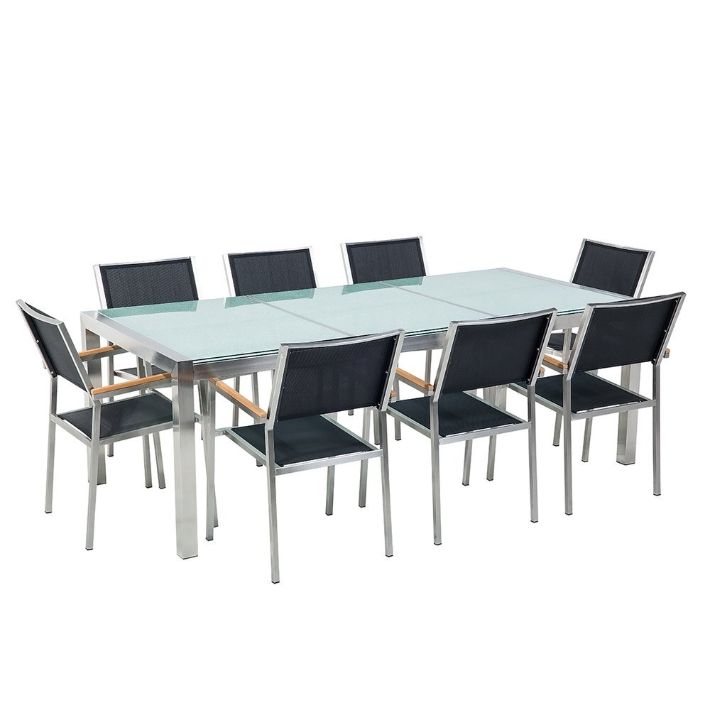 Beliani Tuinmeubel set veiligheidsglas 220 x 100 cm 8 stoelen met gespannen textiel zwart GROSSETO