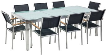 Beliani Tuinmeubel set veiligheidsglas 220 x 100 cm 8 stoelen met gespannen textiel zwart GROSSETO