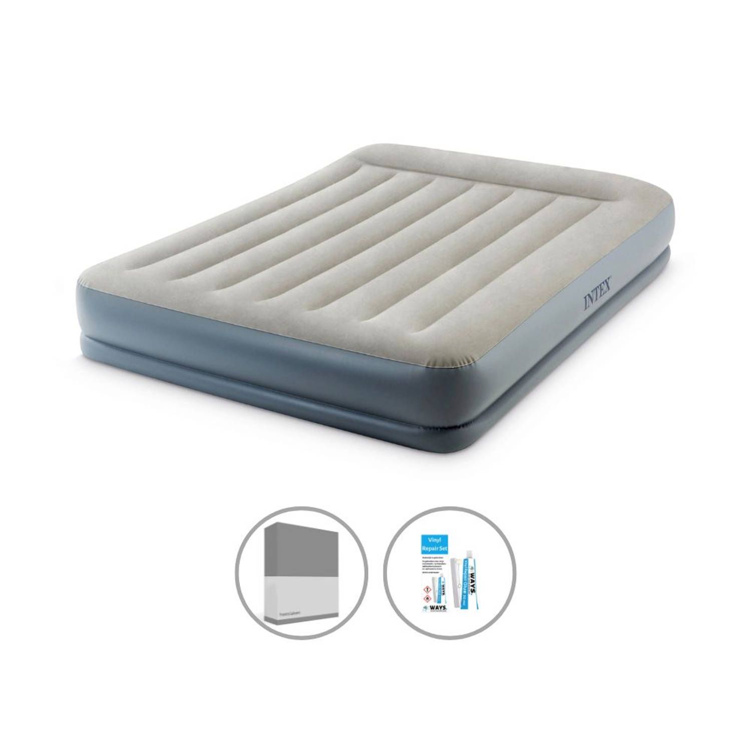 Intex Luchtbedset 2-Persoons 152 x 203 x 30 cm Grijs - Met Ingebouwde pomp + Hoeslaken Antraciet + Reparatieset