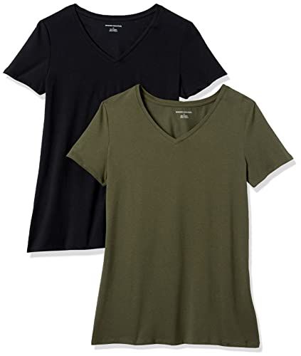 Amazon Essentials Women's Short-Sleeve V-Neck T-Shirt - 2-Pack - Olive Green/Black - M
