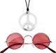 Widmann Hippie Flower Power sieraden set - peace-sign ketting met groovy rode bril