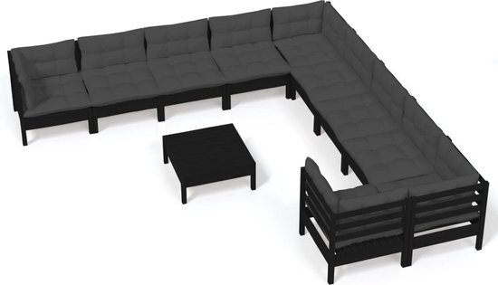 vidaXL 11-delige Loungeset met kussens grenenhout zwart