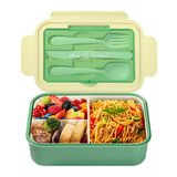 Diboniur Lunchbox broodtrommel met bestek, volwassenen en kinderen, 1400 ml, bento box met vakken, werk, magnetronbestendig (groen)