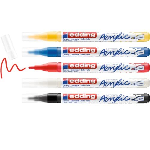 Edding 5300 Acrylmarker Fein - meerkleurige set van 5 - fijne punt 1-2 mm - acrylstiften voor het schilderen op canvas, kunstdrukpapier, hout, steen - Made in Germany