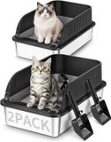 Merkloos Grote roestvrijstalen kattenbak met schep, halfopen model met afneembare hoge rand, zwart