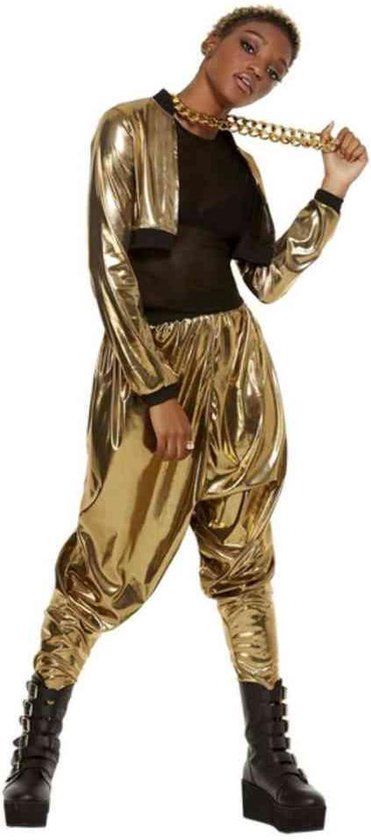 Smiffy's MC Hammer Kostuum - 80s Hammer Time Golden Rapper - Vrouw - Zwart/Goud - Large