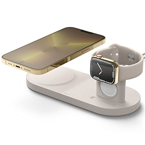 Elago MS Oplaad Hub Duo Horloge Compatibel met MagSafe Lader, Apple Horloge Lader - Draadloos Oplaadstation Compatibel met iPhone 12 Modellen, Compatibel met AirPods Pro (Stone)