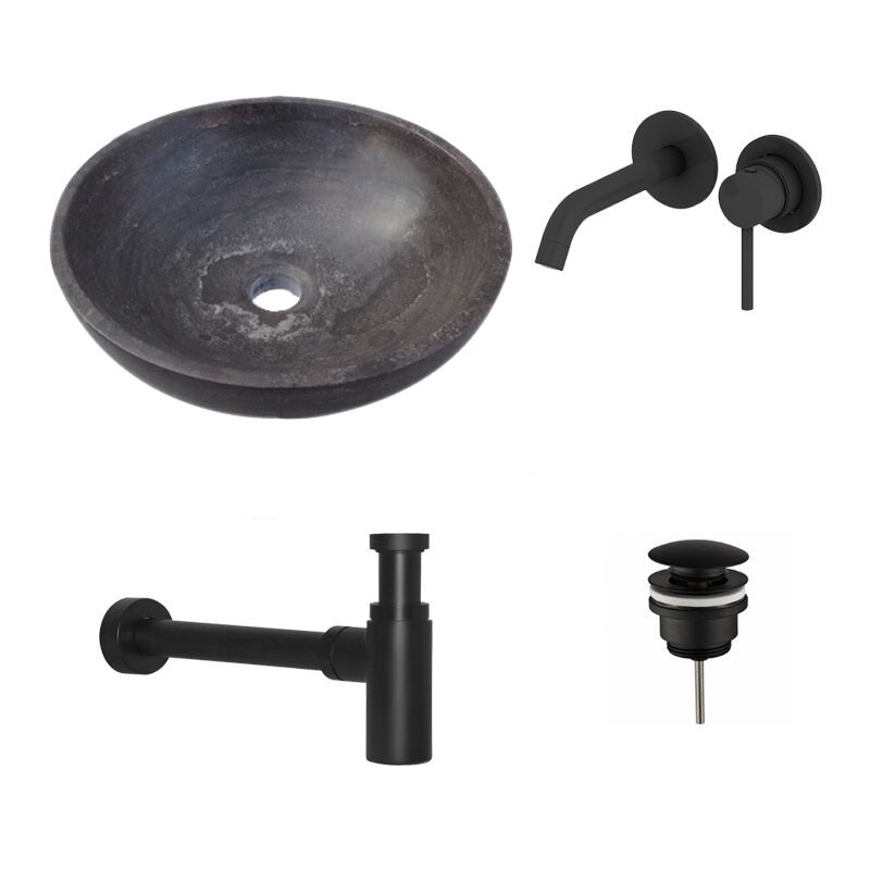 Badkamerplanet Natuurstenen Waskomset Rond Mat Zwart Inbouwkraan 38x38x12 cm