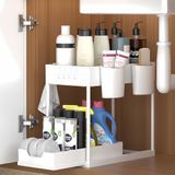 KOOSREEL Opslag onder de gootsteen, 2 niveaus, uittrekbare organizer onder de gootsteen, rek, lade, multifunctionele opbergmand voor badkamer, rek onder kast, vaatwasserrek, wit
