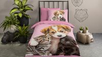 Pure dekbedovertrek hond en poes - 1 persoons 140x200/220 cm - Roze - Microvezel